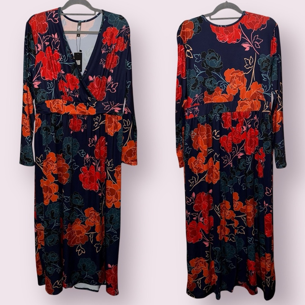 ⬇️24seven Red and Orange Floral Long Sleeve Faux Wrap Dress